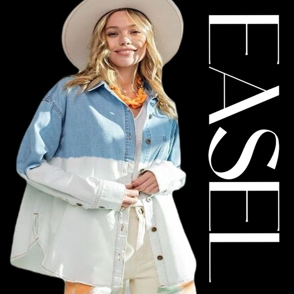 New EASEL LIGHT DENIM BUTTON UP OVERSIZED DENIM SHIRT SHACKET Small JEAN JACKET - Picture 12 of 12